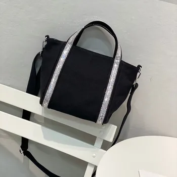дамски новост, холщовая, с бриллиантовым блясък, черно, синьо, бежово, наплечная чанта за дамска мода, уникален дизайн, чантата през рамо 1