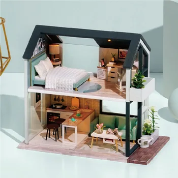 DIY Апартамент Къща Монтаж на Вила Модел Дървена Кукла Къща Творчески Подарък на едно Момиче За Рожден Ден 2